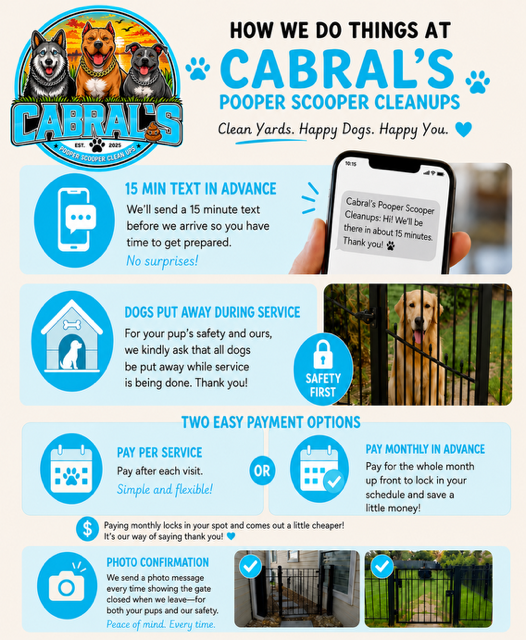 How Cabral's handles arrival texts, dog safety, payment options, and photo confirmation